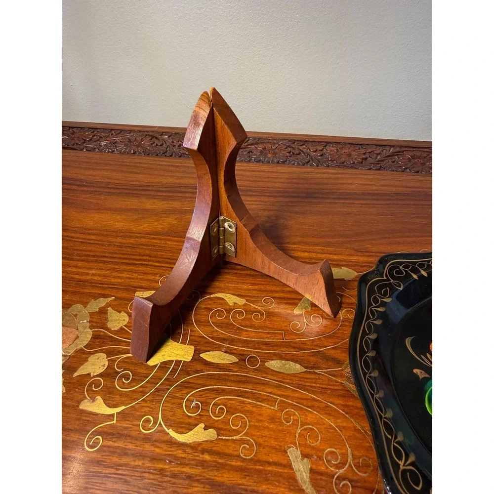 Vintage Black Tole Floral Tray - Hand‎ Painted with Stand